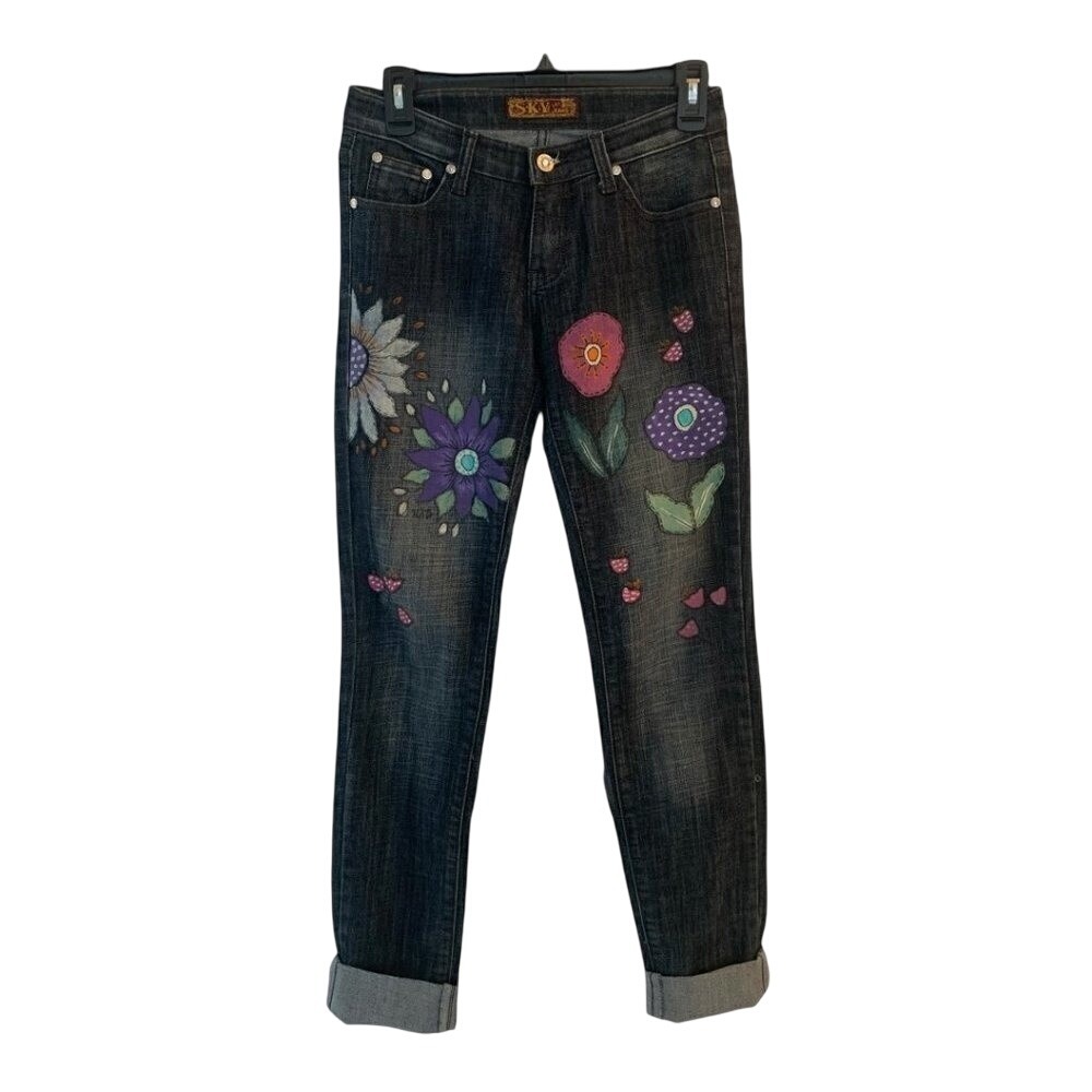 Sky Denim Jeans Spring Flower Deco Wearable Art Women's‎ Size 3/4